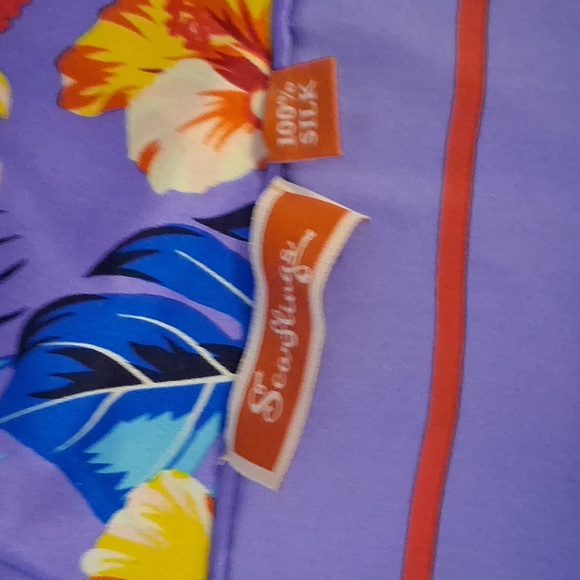 Floral Silk Scarf with Green and Purple Design - Picture 2 of 3